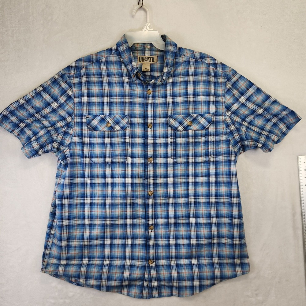 Duluth Trading Co Mens XL Blue Plaid Short Sleeve Button Down Shirt Standard Fit